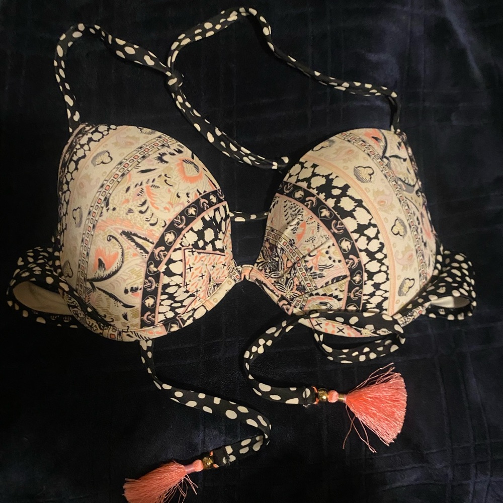 Victoria's Secret Black and Cream Bikini Top with Pink Tassels